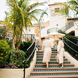 a person standing next to a palm tree in front of a fence