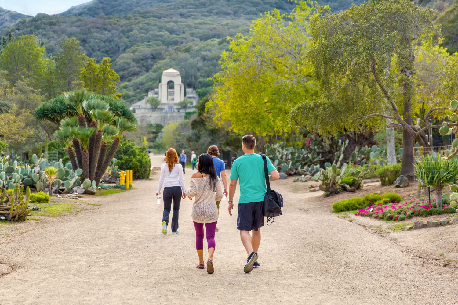 A group of visitors walking towards the Wrigley Memorial and Botanic Garden.