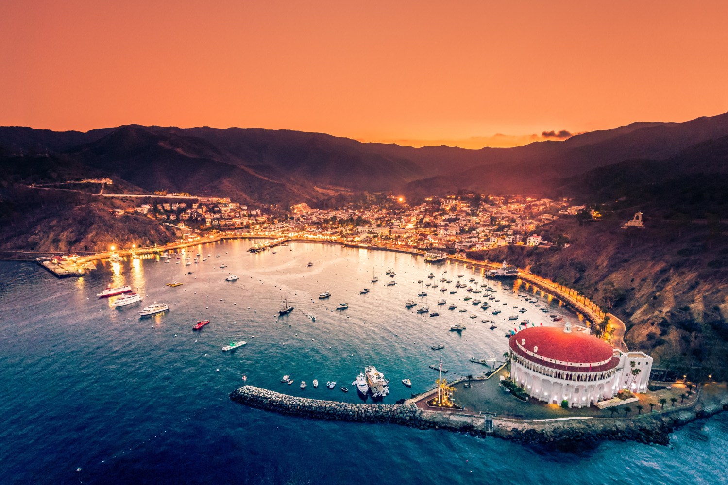 An aerial view of Catalina Island during sunset. 