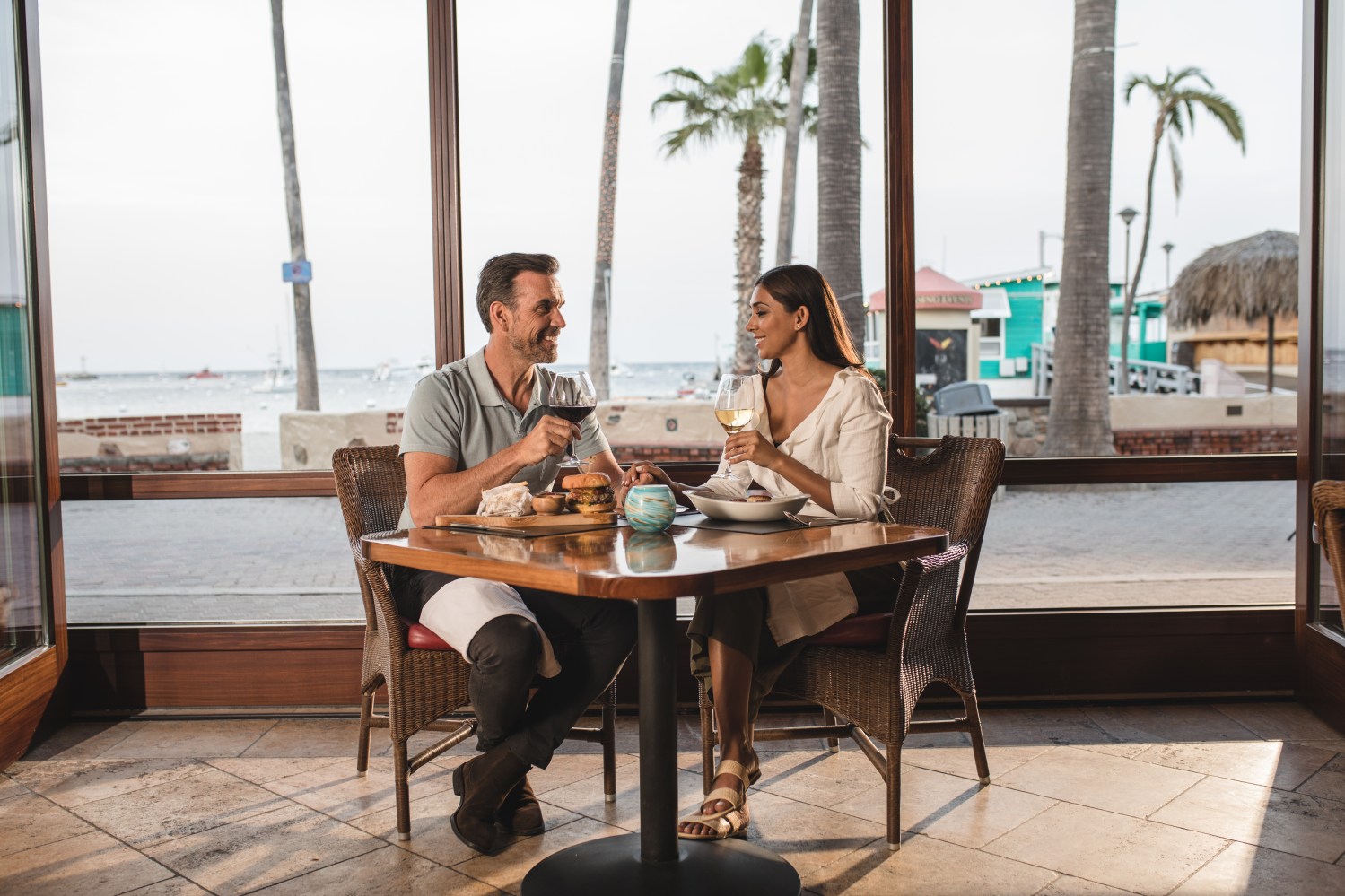 A couple enjoying a meal at the Avalon Grille on Catalina Island.