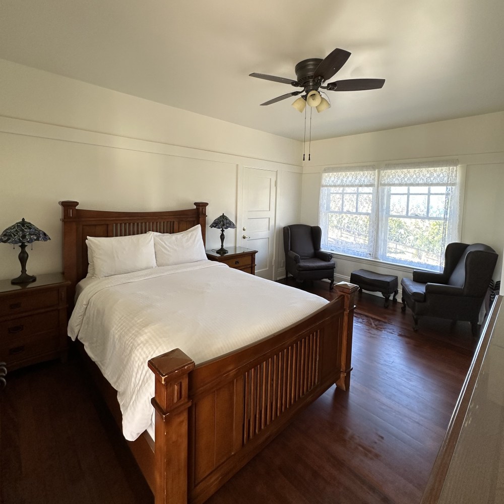 a bedroom with a bed and desk in a room