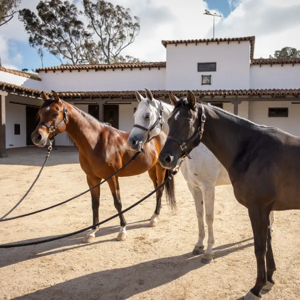A group of horses in front of a stable at El Rancho Escondido.