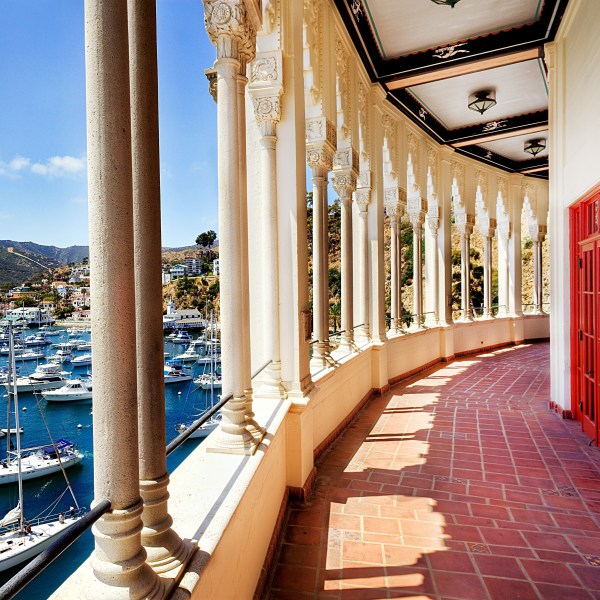 A photo overlooking Avalon bay on the terrace at the Catalina Casino.
