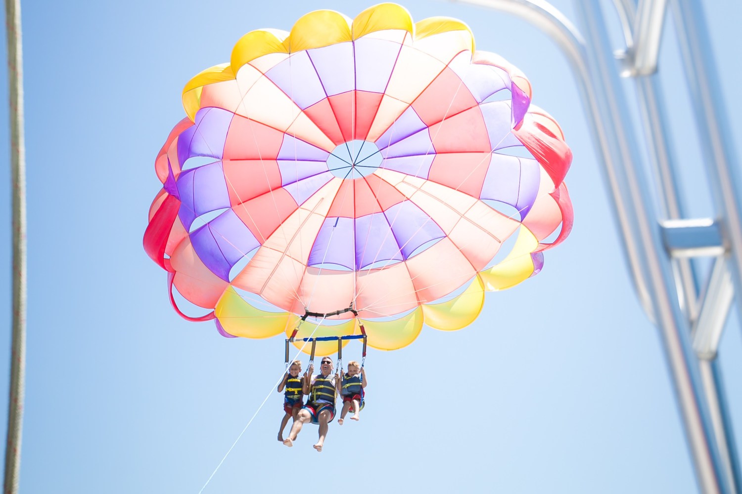A group of people parasailing on Catalina Island. 