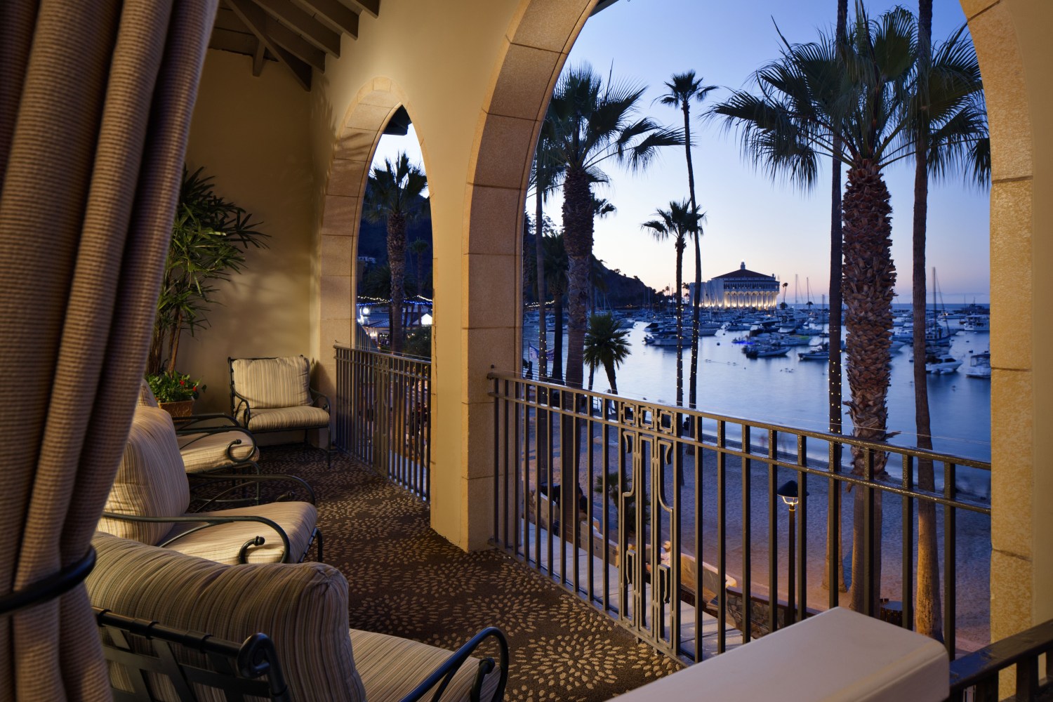 An oceanfront view of Avalon Harbor from a room at Hotel Vista Del Mar.